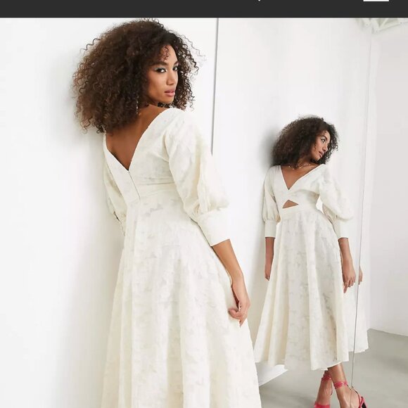 ASOS EDITION V-Neck Organza Chic White Dress | Blouson Sleeves + Cutout - Picture 2 of 8